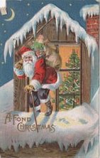 Up on a snowy rooftop, Santa delivers presents on this vintage postcard.